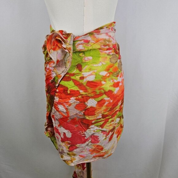Floral Sheer Wrap Scarf/Shawl Vibrant Lightweight Orange Green - Picture 5 of 5
